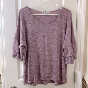 Wilde knit blouse. Pink/black heather, 1/2 length bell sleeves. Size L